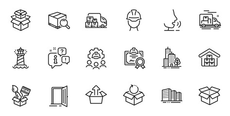 Outline set of Search package, Wholesale goods and Return package line icons for web application. Talk, information, delivery truck outline icon. Vector