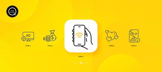 Fototapeta na wymiar Seo adblock, Internet app and Coins bag minimal line icons. Yellow abstract background. Report, Heart icons. For web, application, printing. Search engine, Smartphone wifi, Investment. Vector