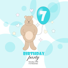 A postcard, an invitation to a birthday party with a bear and a blue balloon with the number 7. Vector illustration