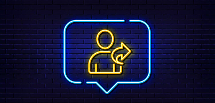 Neon light speech bubble. Refer a friend line icon. Share sign. Neon light background. Refer friend glow line. Brick wall banner. Vector