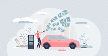 Fototapeta na wymiar Fuel economy and expensive gasoline cost with money flow tiny person concept. Transport gas consumption and fossil energy crisis with high prices vector illustration. Petrol pump with filling station.