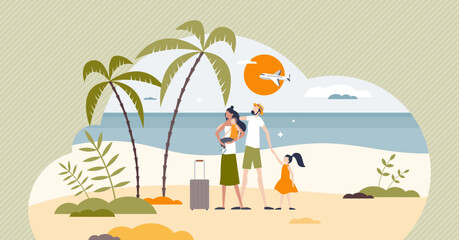 Family on vacation and parents with children at tropical beach tiny person concept. Holiday activity to spend quality time together vector illustration. Travel to summer exotic destinations with kids. © VectorMine