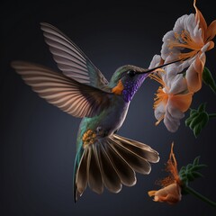 A shot of a single hummingbird hovering in front of a flower, with high definition and a sense of grace and speed.