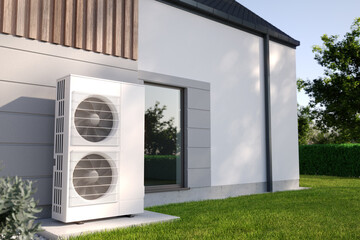 Fototapeta Air heat pump beside house, 3D illustration obraz