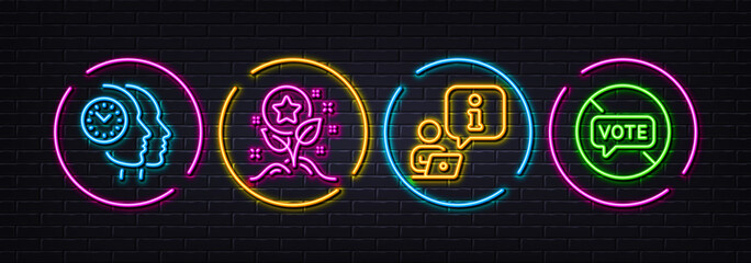 Loyalty points, Interview and Time management minimal line icons. Neon laser 3d lights. Stop voting icons. For web, application, printing. Bonus grows, Online meeting, Teamwork clock. Vector