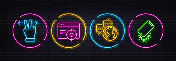 Touchscreen gesture, Seo targeting and World communication minimal line icons. Neon laser 3d lights. Smartphone broken icons. For web, application, printing. Vector