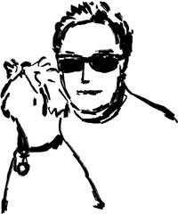 Young man in sunglasses with a westie dog. Person with dog hand drawn ink illustration. Friendship concept. Brush texture