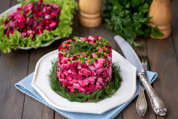 Beetroot and bean salad with cheese, gherkins, fresh herbs and mayonnaise dressing.