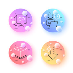 Quote bubble, Delivery box and Energy drops minimal line icons. 3d spheres or balls buttons. Online question icons. For web, application, printing. Chat comment, Cargo package, Power usage. Vector