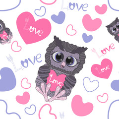 Seamless Valentine's Day pattern in pastel colors in cartoon style. Pattern of owls, hearts and inscriptions. Vector illustration.