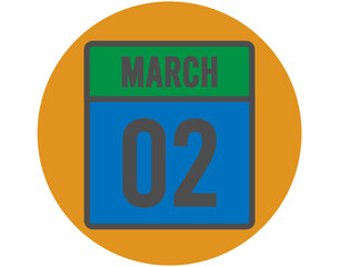 2 March day icon. Vector blue and green calendar page for March appointments and meetings. Design with orange ball and white background