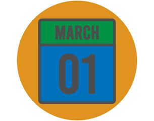 1 March day icon. Vector blue and green calendar page for March appointments and meetings. Design with orange ball and white background