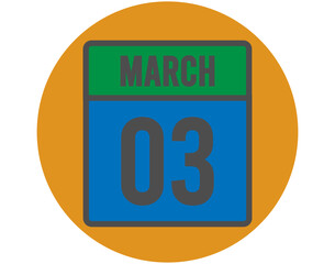 3 March day icon. Vector blue and green calendar page for March appointments and meetings. Design with orange ball and white background