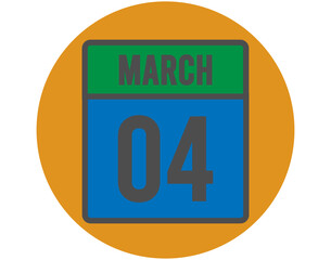 4 March day icon. Vector blue and green calendar page for March appointments and meetings. Design with orange ball and white background