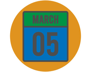 5 March day icon. Vector blue and green calendar page for March appointments and meetings. Design with orange ball and white background