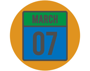 7 March day icon. Vector blue and green calendar page for March appointments and meetings. Design with orange ball and white background