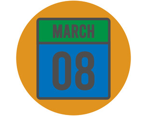8 March day icon. Vector blue and green calendar page for March appointments and meetings. Design with orange ball and white background