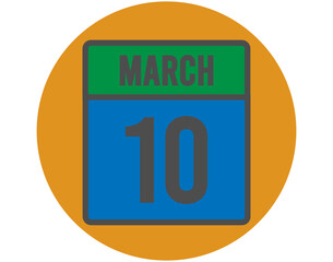 10 March day icon. Vector blue and green calendar page for March appointments and meetings. Design with orange ball and white background