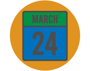 24 March day icon. Vector blue and green calendar page for March appointments and meetings. Design with orange ball and white background