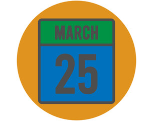 25 March day icon. Vector blue and green calendar page for March appointments and meetings. Design with orange ball and white background