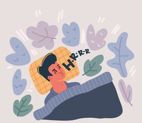 Vector illustration of Healthy sleep. Causes of insomnia, good sleep rules and man sleeps on pillow. Healthy care recommendation for good sleep