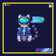 Pixel art cyber cat illustration. 8bit cyberpunk style icon of robotic animal with electronics implant. Vector 80s retro game sticker with futuristic cat. - obrazy, fototapety, plakaty