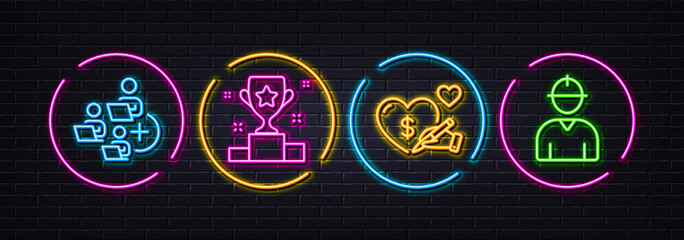 Add team, Winner cup and Social care minimal line icons. Neon laser 3d lights. Engineer icons. For web, application, printing. Networking, Award cup, Donate service. Worker profile. Vector
