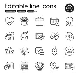 Set of Holidays outline icons. Contains icons as Discounts calendar, Ice cream and Marriage rings elements. Fireworks, Fastpass, Santa boots web signs. Puzzle game, Air balloon. Vector