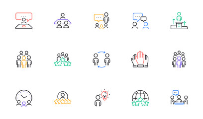 Business people line icons set. Meeting, job structure, team. Group people, communication, member icons. Congress, talk person, partnership. Job interview, business idea, voting. Vector