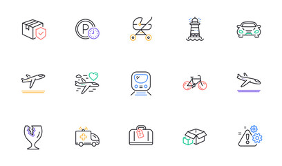 Parcel insurance, Car and Hand baggage line icons for website, printing. Collection of Lighthouse, Packing boxes, Bicycle icons. Honeymoon travel, Metro, Warning web elements. Vector