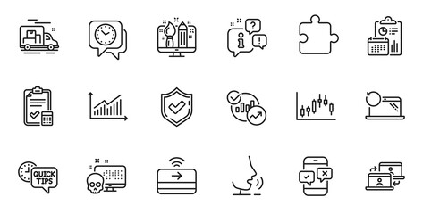 Outline set of Graph, Creative design and Candlestick graph line icons for web application. Talk, information, delivery truck outline icon. Include Contactless payment, Confirmed, Clock icons. Vector