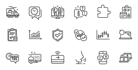 Fototapeta premium Outline set of Graph, Creative design and Candlestick graph line icons for web application. Talk, information, delivery truck outline icon. Include Contactless payment, Confirmed, Clock icons. Vector