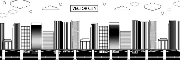 Urban landscape. Vector poster with city view in black and white.