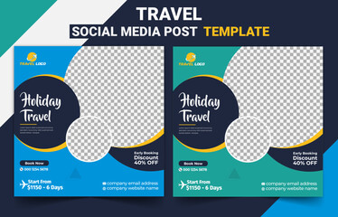 Holiday Travel social media post design template. Traveling or summer beach travelling social media post or web banner template design.