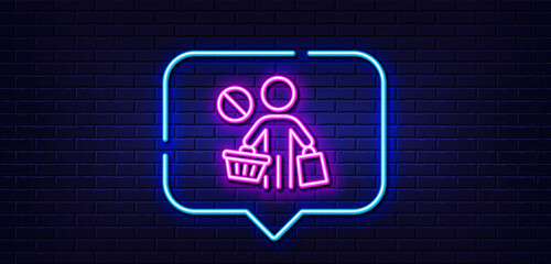 Neon light speech bubble. Stop shopping line icon. No panic buying sign. Man with shopping cart symbol. Neon light background. Stop shopping glow line. Brick wall banner. Vector