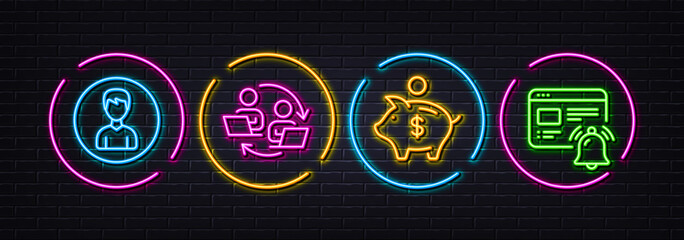 Teamwork process, Person and Piggy bank minimal line icons. Neon laser 3d lights. Internet notification icons. For web, application, printing. Remote work, Edit profile, Dollar money. Vector