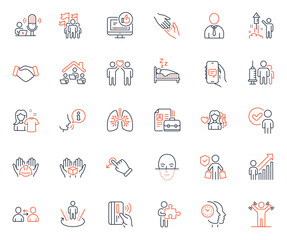 People icons set. Included icon as Helping hand, Contactless payment and Human web elements. Builders union, Communication, Like video icons. Lungs, Puzzle, Hold box web signs. Sleep. Vector