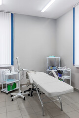 Interior of hospital room with ultrasound machine and bed
