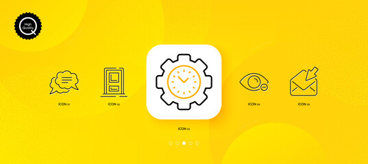 Fototapeta na wymiar Text message, Entrance and Time management minimal line icons. Yellow abstract background. Open mail, Myopia icons. For web, application, printing. Chat bubble, Door, Settings. View e-mail. Vector