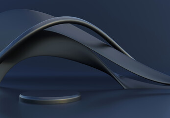 Deep blue cylinder podium with decorative abstract objects.. Stand to show products. Dark Stage showcase with copy space. Pedestal display.  3D rendering. Futuristic concept.
