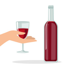Wine bottle and hand holding glass vector illustration. Cartoon drawing of person with wineglass, bottle of alcoholic drink isolated on white background. Alcohol, celebration concept