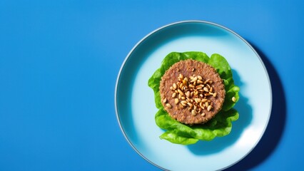 Plant-based burger topped with green vegetables. The patty is made from vegetables and plant-based proteins, served on a soft bun. The vegetables add a crunchy texture and fresh flavor an diets.