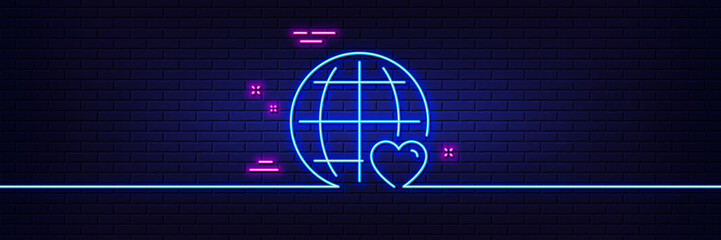 Neon light glow effect. International Love line icon. Heart with Globe symbol. Valentines day sign. 3d line neon glow icon. Brick wall banner. International Love outline. Vector