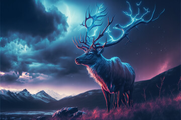 deer magic in the prairies and mountain in the night - obrazy, fototapety, plakaty