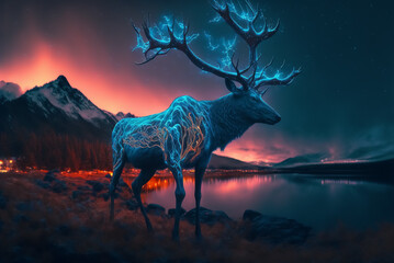 magic deer in the forest as night falls