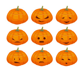 Pumpkin with different expressions vector illustrations set. Cartoon drawings of comic orange vegetable with funny faces isolated on white background. Halloween, decoration, emotions concept