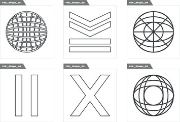 Set of Y2K style vectors of objects. Trendy geometric postmodern figures. Flat minimalist icons. Isolated on black background. Vector illustration