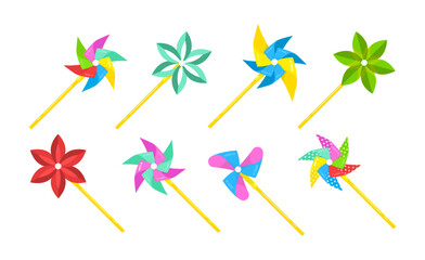 Colorful pinwheels for children vector illustrations set. Cartoon drawings of cute windmill toys for kids isolated on white background. Childhood, leisure, entertainment concept