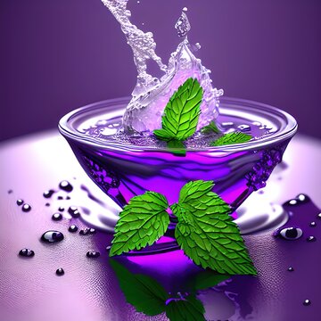 Water Splashes With Purple Menthol Or Purple Mint Leaves