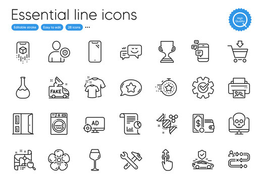 Communication, Augmented reality and Journey path line icons. Collection of Spanner tool, Happy emotion, Award cup icons. Transport insurance, Cyber attack, Smartphone web elements. Vector